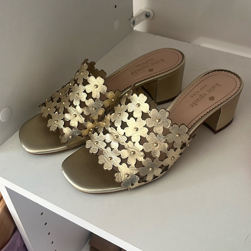 Kate Spade Daisy mule heeled sandals with metallic gold floral eyelet detail